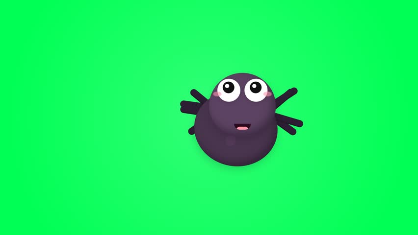 A charming cartoon purple spider character with big eyes moves across a web on a bright green screen background, perfect for creative animation projects.