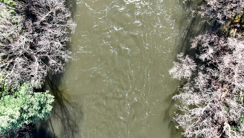 Overhead aerial views of the Kiewa River at Keegans Bridge in North East Victoria