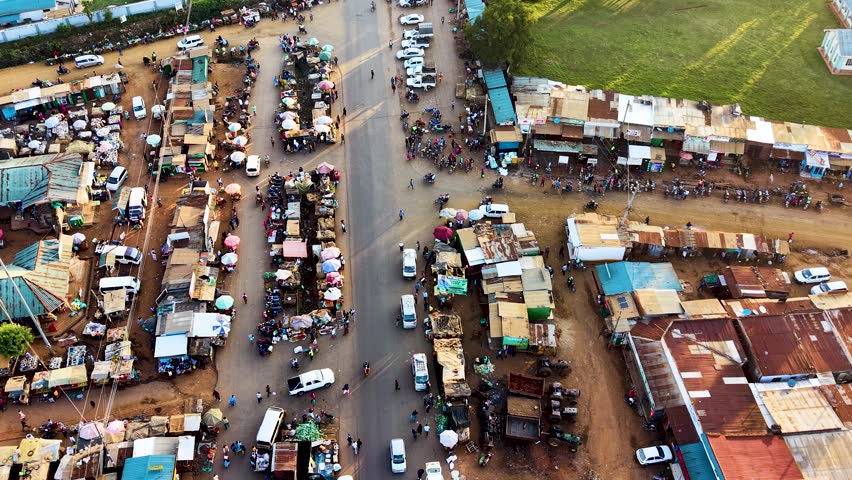 Houses of Kibera slums, roads in Soweto informal settlement nairobi kenya. Drone flying in the rural settlement of kenya slums