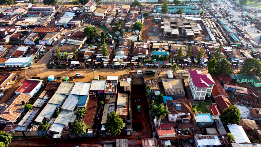 Houses of Kibera slums, roads in Soweto informal settlement nairobi kenya. Drone flying in the rural settlement of kenya slums