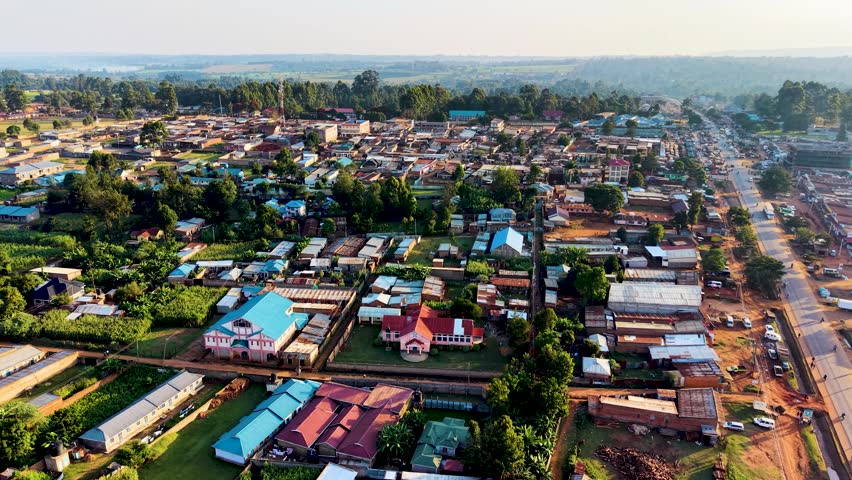 Houses of Kibera slums, roads in Soweto informal settlement nairobi kenya. Drone flying in the rural settlement of kenya slums