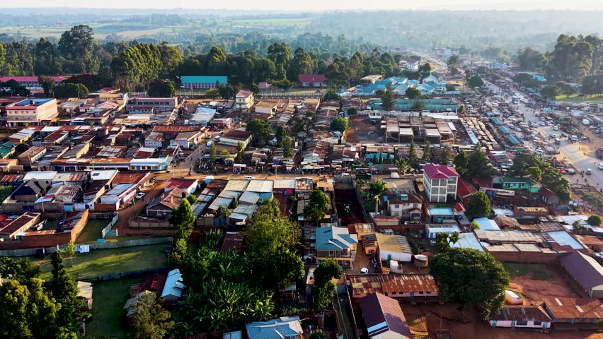 Houses of Kibera slums, roads in Soweto informal settlement nairobi kenya. Drone flying in the rural settlement of kenya slums