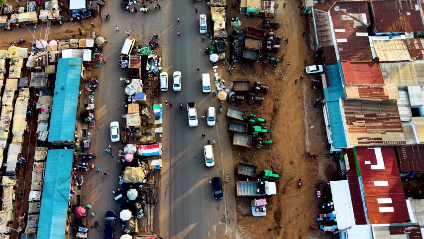 Houses of Kibera slums, roads in Soweto informal settlement nairobi kenya. Drone flying in the rural settlement of kenya slums
