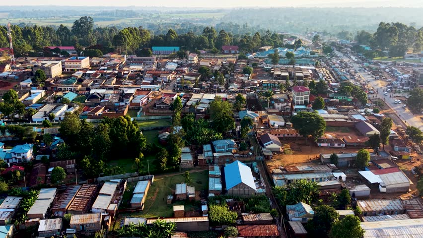 Houses of Kibera slums, roads in Soweto informal settlement nairobi kenya. Drone flying in the rural settlement of kenya slums