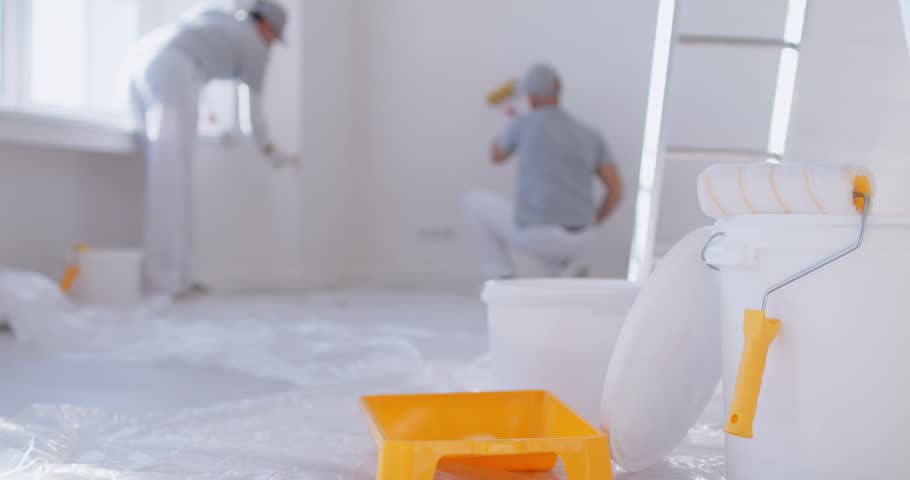 Home painting kit tray roll, house painter and decorator professional service team, male workers wearing uniform, wall surface repairs, painting, interior decor, repairing or replacing damaged drywall