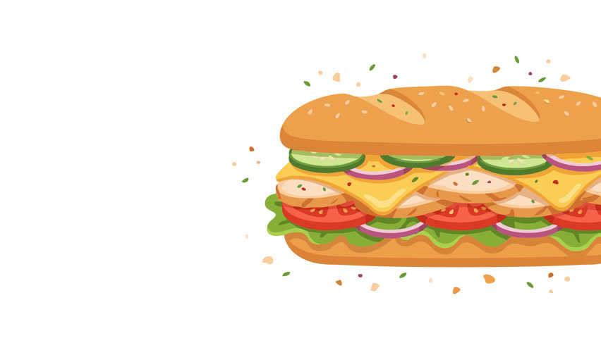 Delicious illustrated sub sandwich with fresh ingredients layered on a baguette perfect for food promotions
