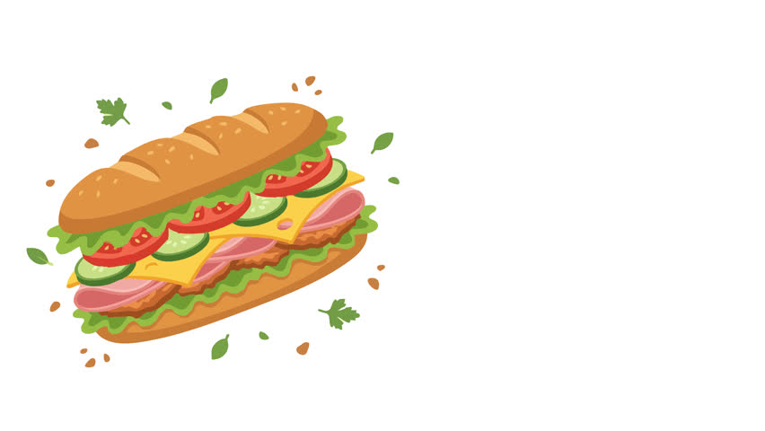 Sandwich animation showcasing a delicious sub with fresh ingredients floating around for National Sandwich Day