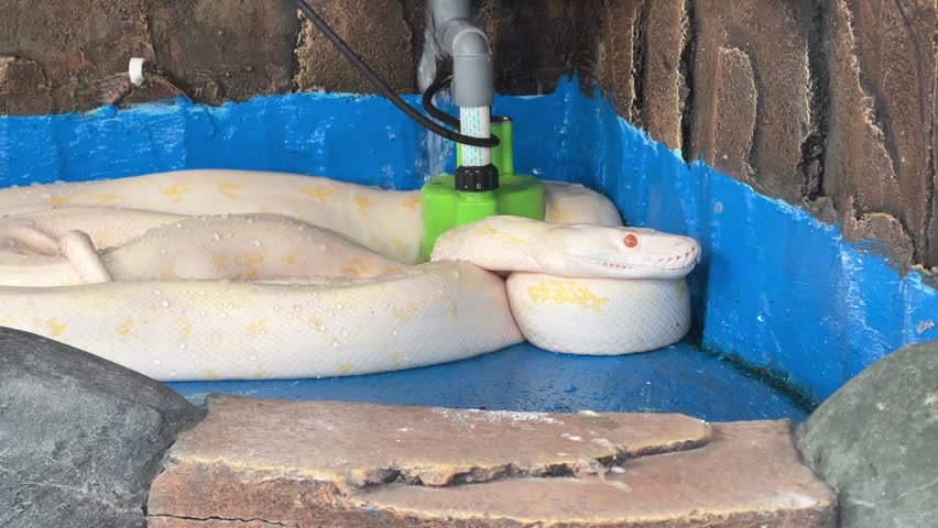Albino python coiled on a blue-painted concrete floor with water trickling over its body.