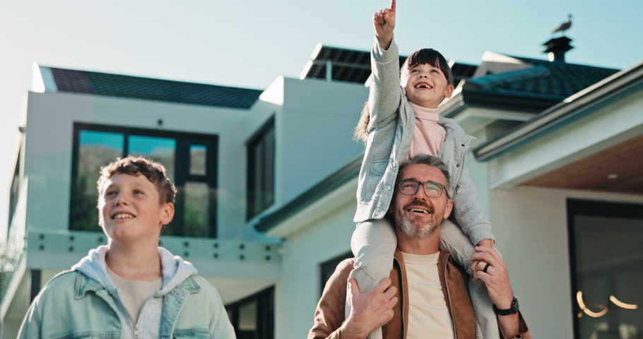 Playful, happy and dad with children in backyard for bonding, relationship and development. Family, house and father with kids for connection, games and soccer ball for fun together on weekend