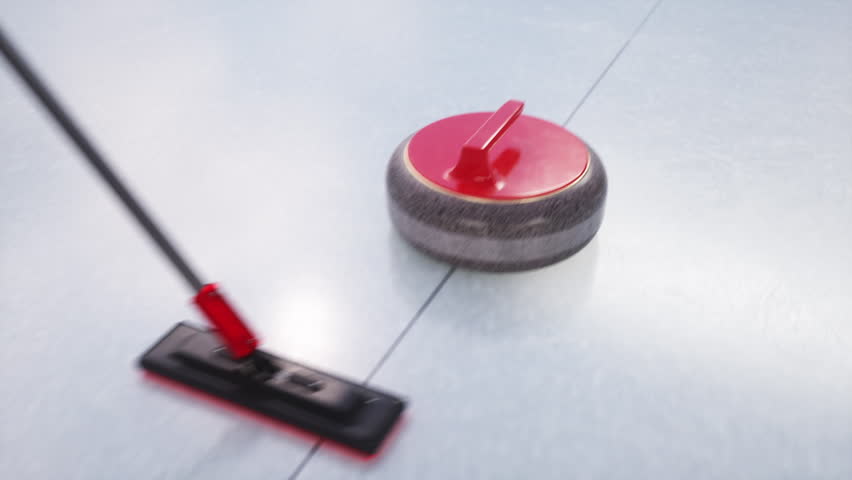 A motion graphics animation featuring a classic winter sports curling stone sliding on ice.