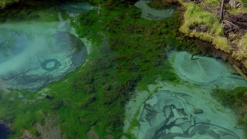 Top-down drone footage of Geyser Lake with turquoise mineral pools surrounded by dense taiga forest in Altai Republic, Russia, scenic natural landmark