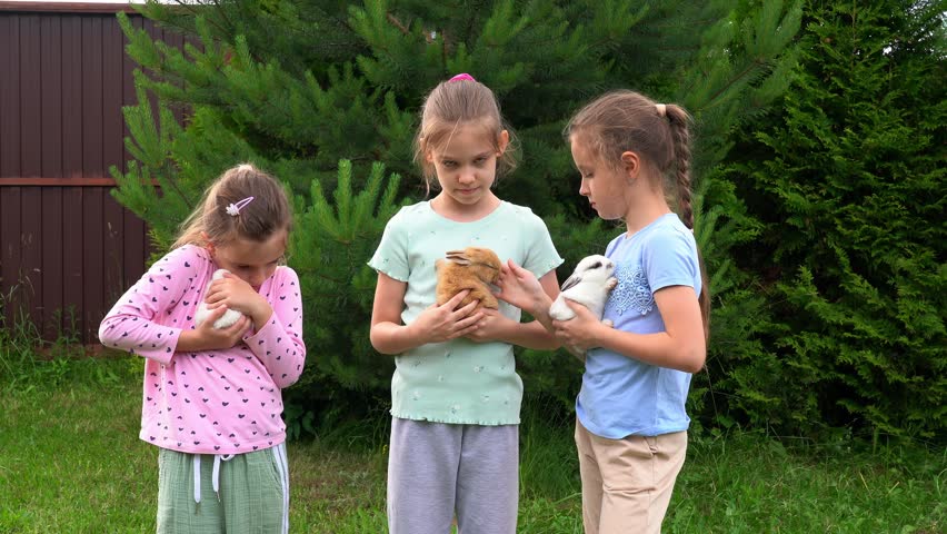 Three happy girls hold and pet little baby rabbits outdoors in garden. Children care pets. Kids play with animals. Agriculture, farming