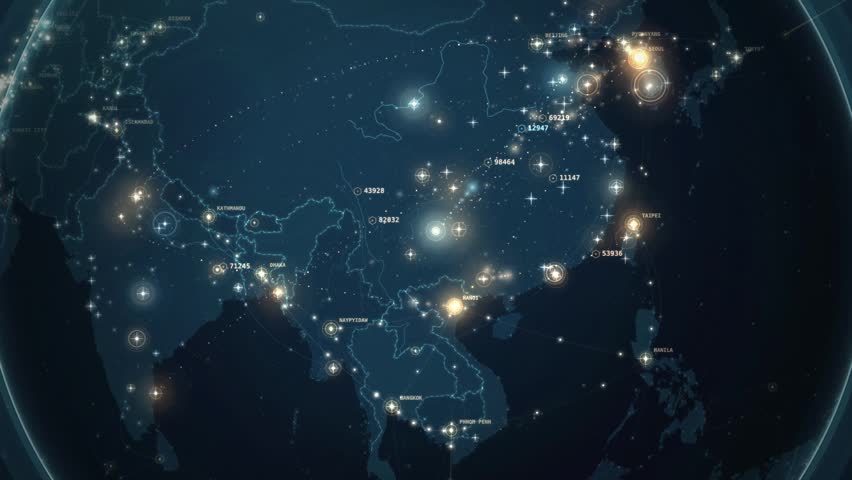 A digital planet earth at night with glowing city lights and global network connections over Asia, a global communication, international business and technology concept.