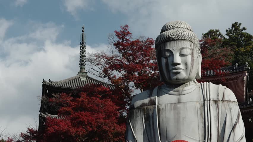 Giant Buddha Statue Surrounded by Autumn Foliage at Tsubosakadera Temple, Japan