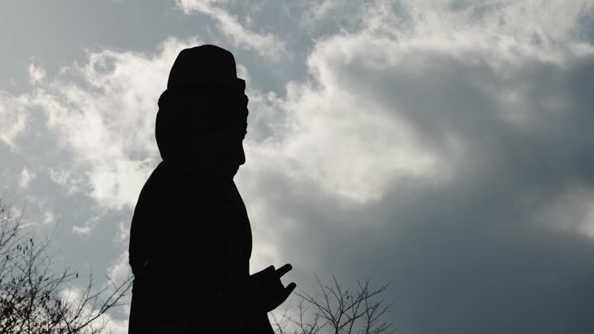 Giant Buddha Statue Surrounded by Autumn Foliage at Tsubosakadera Temple, Japan