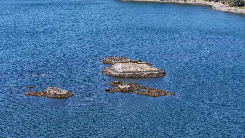 Serene Coastal Landscape: Blue Ocean, Rocks, and Forested Shoreline of Vancouver Island