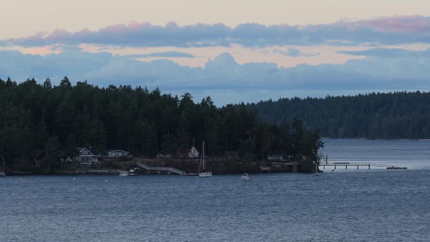 Tranquil Evening View of Coastal Homes and Boats on Vancouver Island, British Columbia