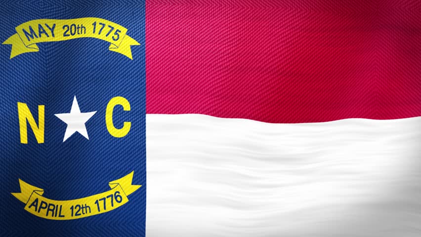 North Carolina State Flag Waving. Ultra Realistic Waving Flag Of North Carolina, USA. Seamless 4K Looped Animation With Realistic Fabric Movement. American State Flag, National Symbol.