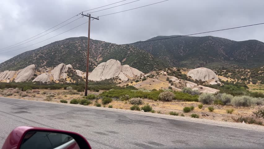 View of California mountains and hills from a car.