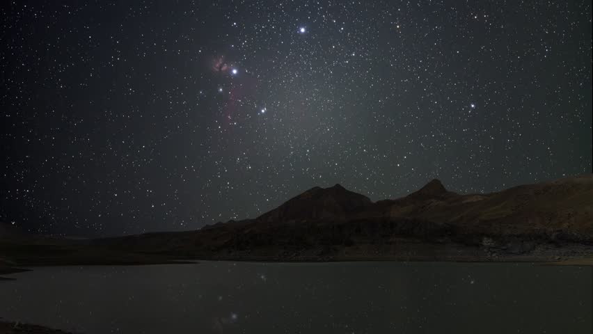 Beautiful night landscape , Milky Way  galaxy on the sky over the small lake and mountains Space, night scene time lapse.