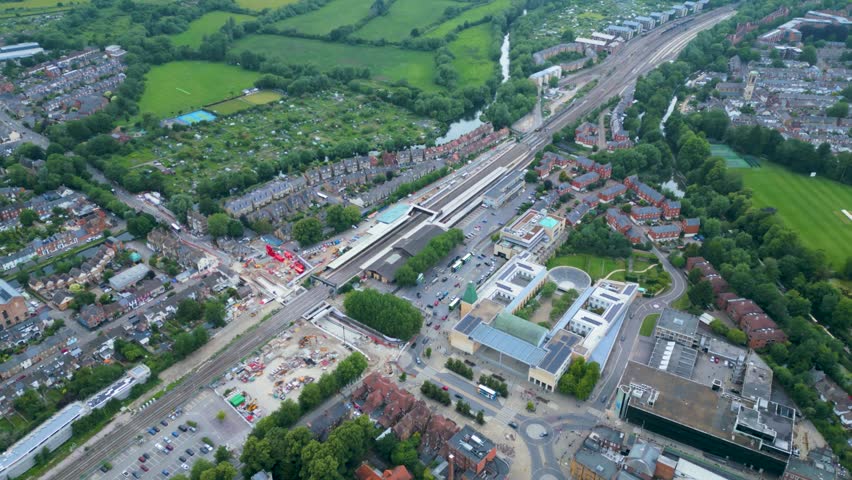Oxford Station pan right Aerial shot Oxford UK
