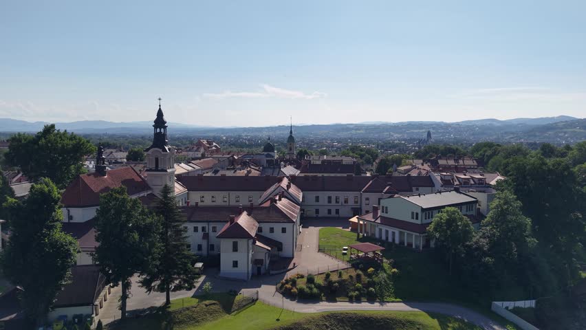 Aerial view of Church of the Holy Spirit and Jesuit monastery, Nowy Sacz, Poland