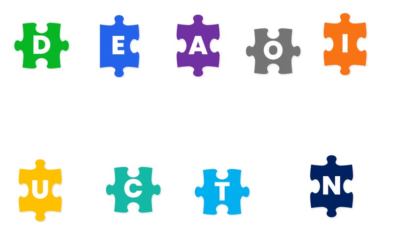 Vibrant, diverse puzzle pieces, each bearing a letter, dynamically converge and interlock on a pristine white background to progressively form the complete and meaningful word EDUCATION, symbolizing knowledge assembly.
