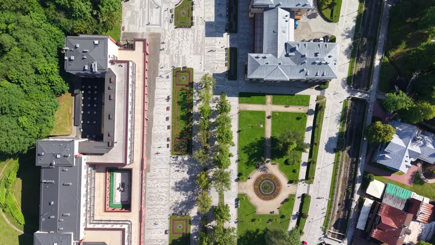Top down aerial view of deptak (promenade) in Krynica Zdroj town, Poland