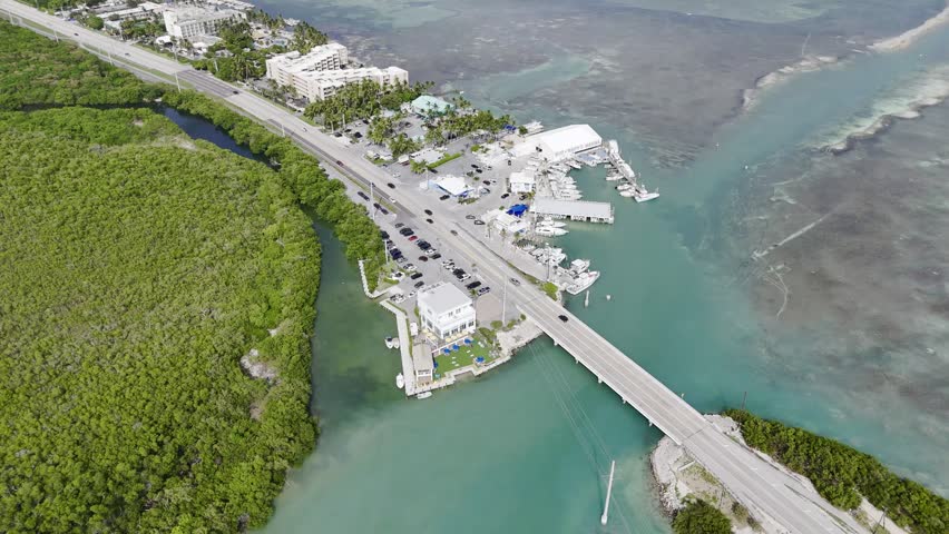 Aerial view of turquoise ocean, mangrove island and Overseas Highway in Florida Keys with boats and clear water. g.
