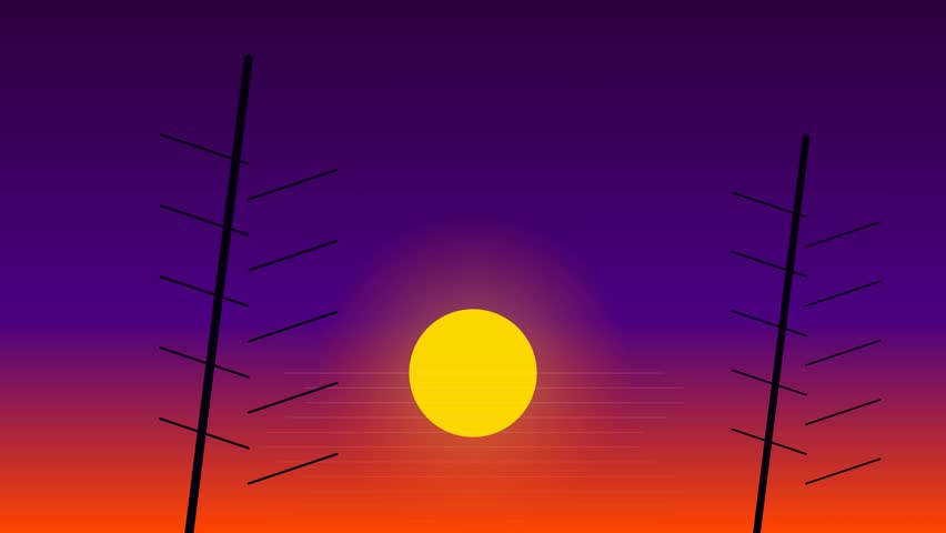 A stylized digital animation featuring a bright yellow sun descending against a vibrant purple and orange gradient sky with minimalist tree silhouettes.