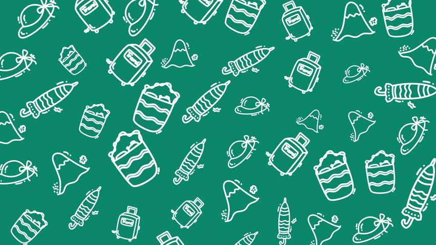 A charming doodle pattern featuring travel icons like suitcases, hats, mountains, and sleeping bags on a green background. Perfect for vacation, holiday, and adventure themes.