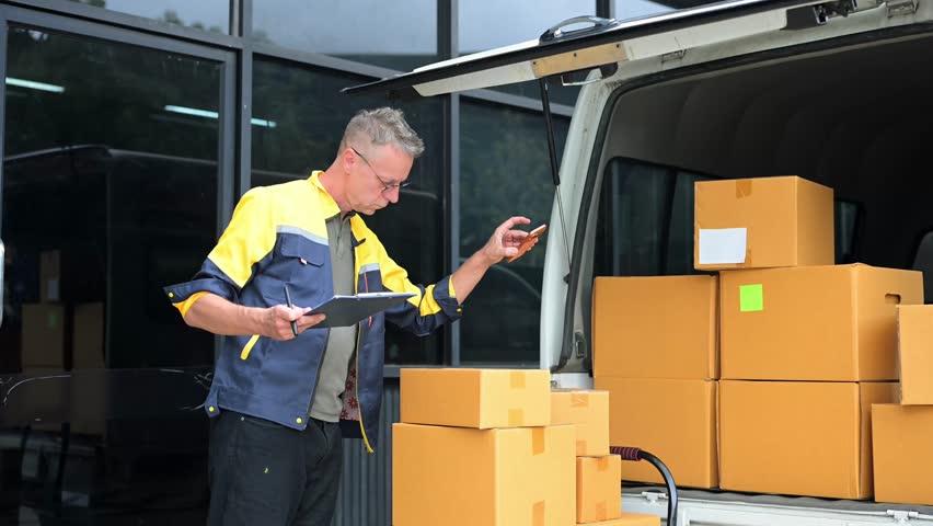Professional courier holding parcel beside delivery van. Logistics, shipping, ecommerce, warehouse, last mile delivery, express service and reliable package transportation.
