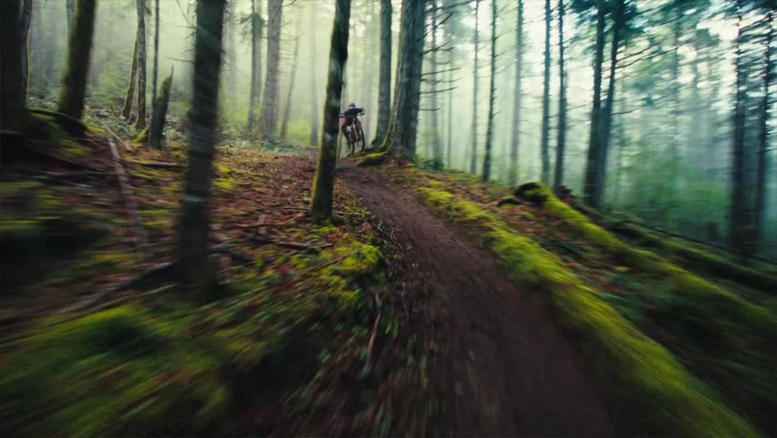 Extreme Mountain Biking in thrilling Fast speeds Downhill through forest trail