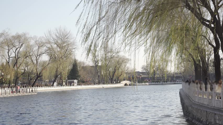 natural landscape view of Lake Shichahai with Willow tree range, ancient chinese historic architecture design building along the lake in winter day,famous landscape lake in beijing