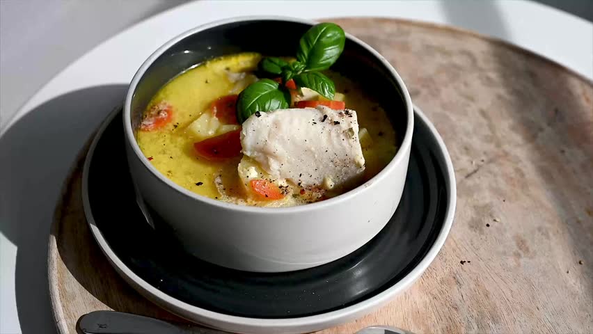 Belgian waterzooi fish soup with a piece of white fish, tomato and fresh basil in a creamy broth, slowly rotating in a white ceramic bowl on a rustic wooden board, a classic homemade dish from Ghent.
