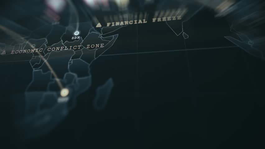 Digital map interface showcasing Economic Conflict Zone and Financial Freeze