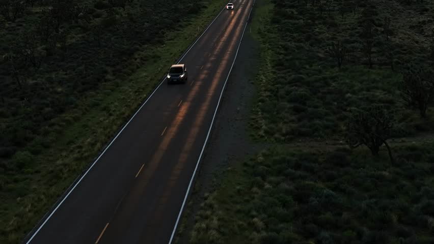 Two cars are traveling on a long road surrounded by dark land in the USA at night. The headlights illuminate the path while the surrounding area remains in shadows.