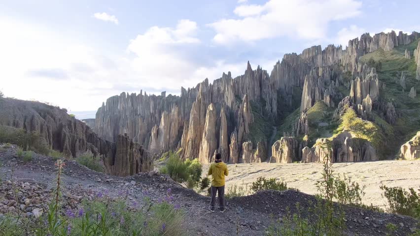 Panoramic View of Valle de las Animas Canyon with Traveler in La Paz Bolivia