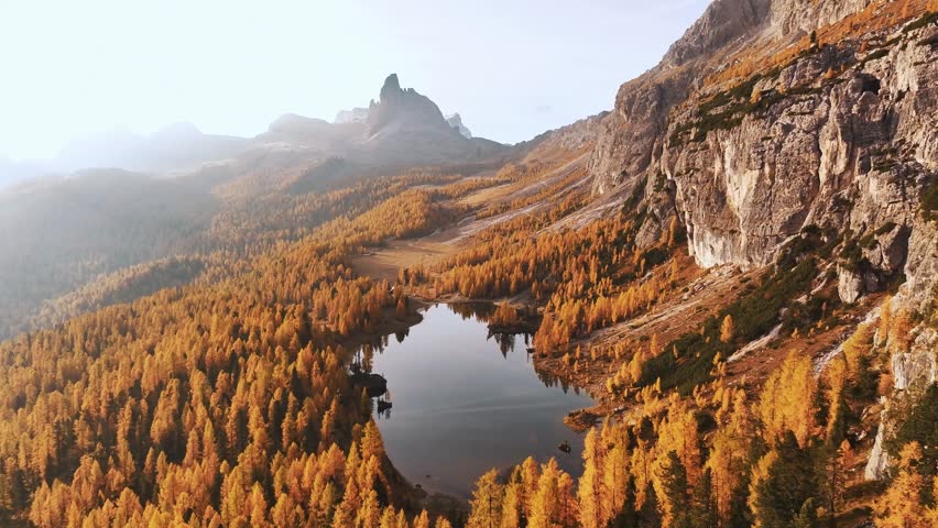Lake Federa near the Croda da Lago mountain at autumn time, majestic landscape, raw nature.