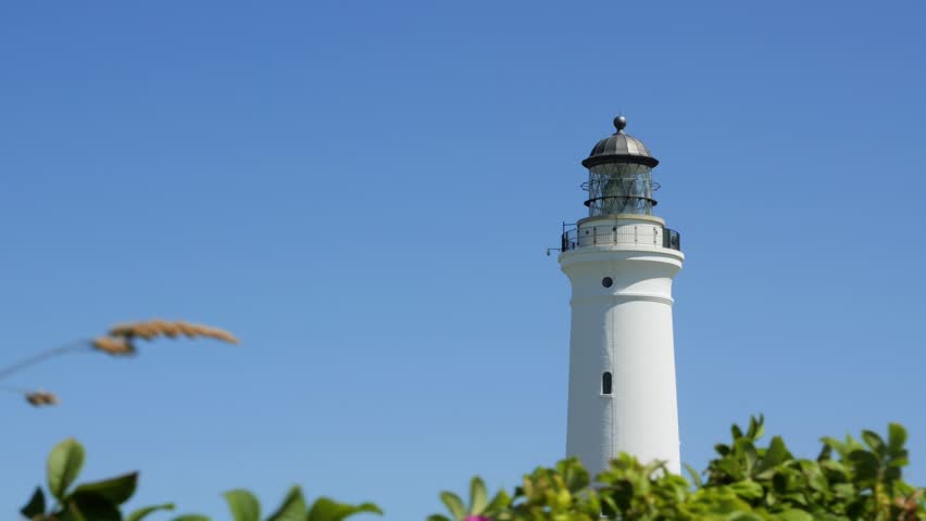 Scenic white lighthouse standing tall behind green bushes under a bright and clear blue summer sky