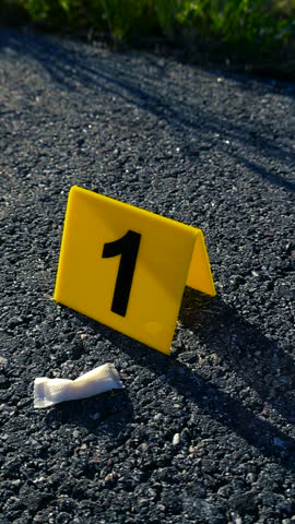 Yellow plastic evidence marker with the number one sits on a dark asphalt road next to a discarded white nicotine pouch, indicating a piece of evidence at an active crime scene investigation