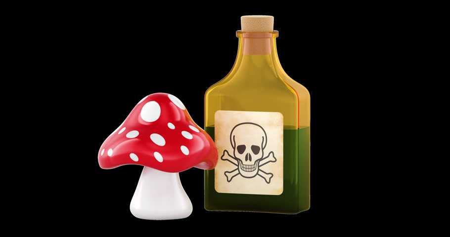 Fly agaric mushroom and poison bottle rotation animation seamlessly loopable. 3D rendering isolated on transparent background