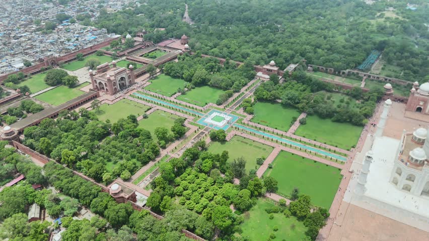 Aerial shot of Taj Mahal in Agra, Uttar Pradesh, India