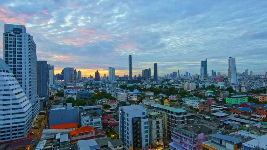 Panoramic view of Bangkok city skyline featuring modern architecture, high-rise buildings, and vibrant urban scenery in Thailand