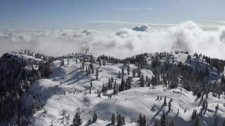 Snowy hilltop above the clouds, with people skiing and pine trees during a sunny day.