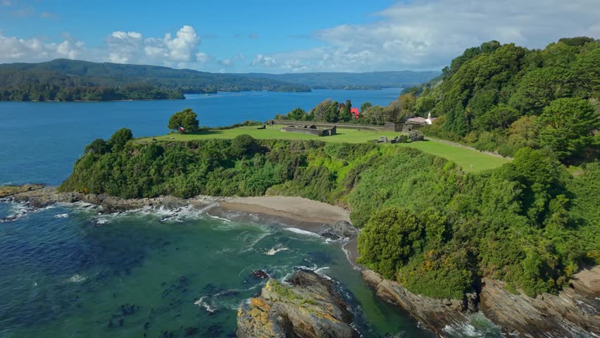Panoramic aerial view of Mancera Island in Valdivia, Chile, on a sunny day