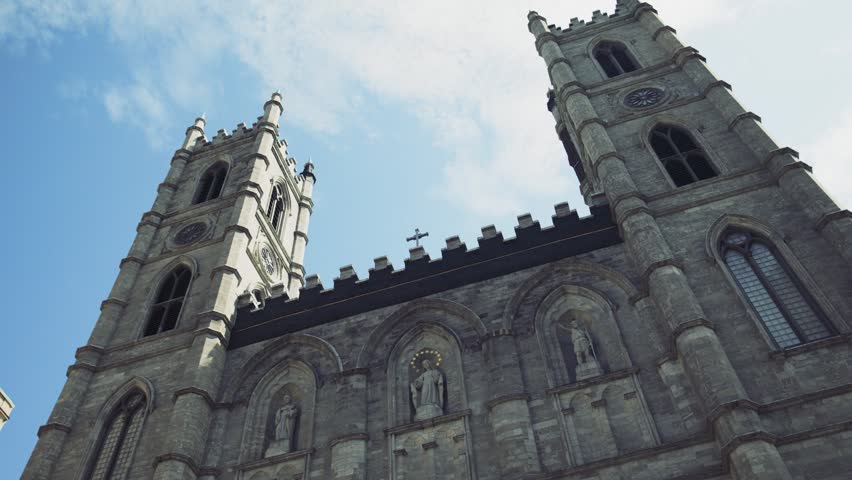 Notre-Dame Basilica Facade and Twin Towers in Old Montreal Quebec Canada