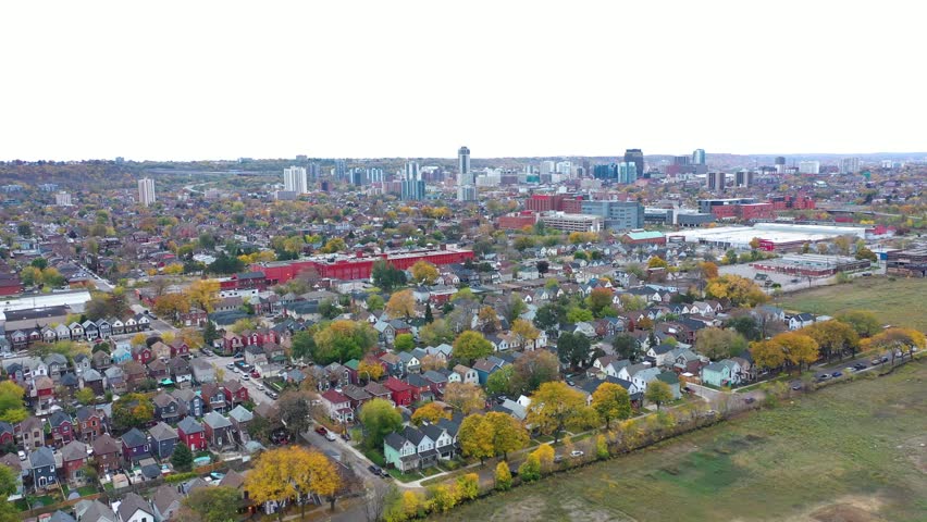 Aerial View of Downtown Hamilton Skyline and Residential Neighbourhood in Autumn Ontario Canada