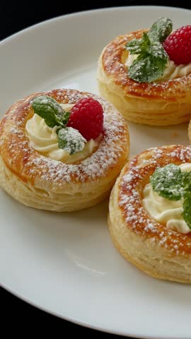 Puff pastry tartlets with raspberry, whipped cream and mint, powdered sugar, dessert on white plate.