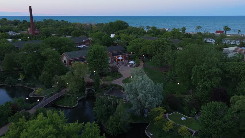 Twilight hovering revealing Lincoln Park Zoo